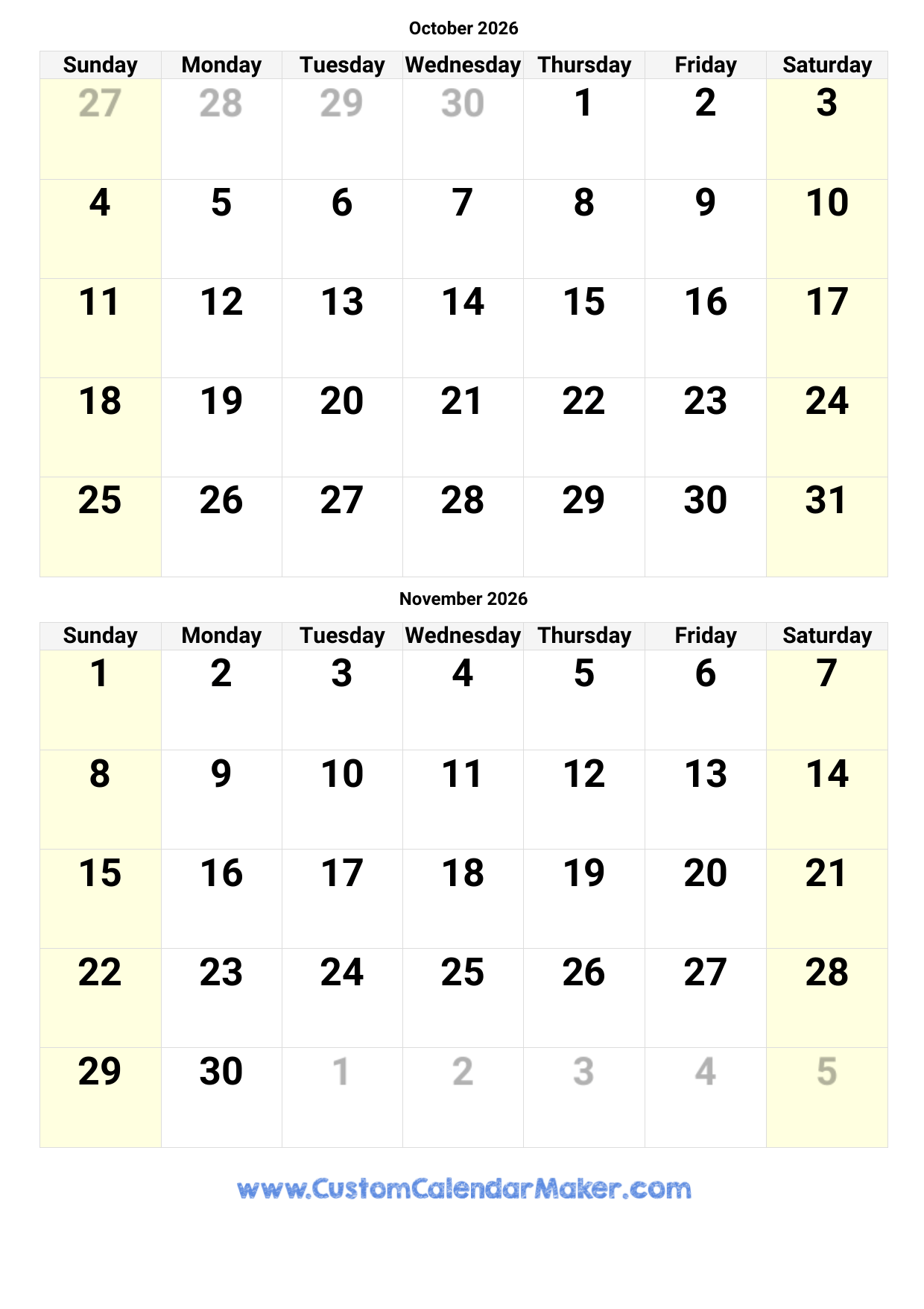 Printable October And November Calendar 2026