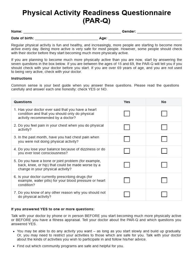 Physical Activity Readiness Questionnaire Par Q PDF
