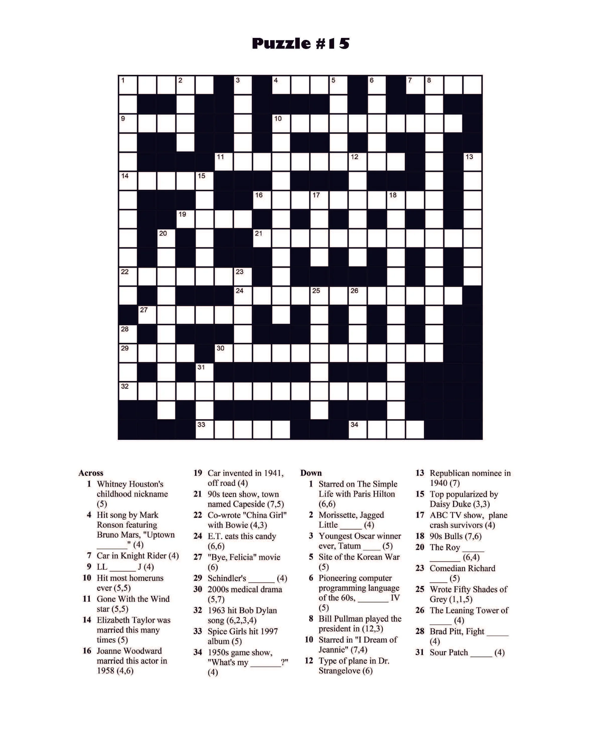 Printable Pop Culture Crossword Puzzles