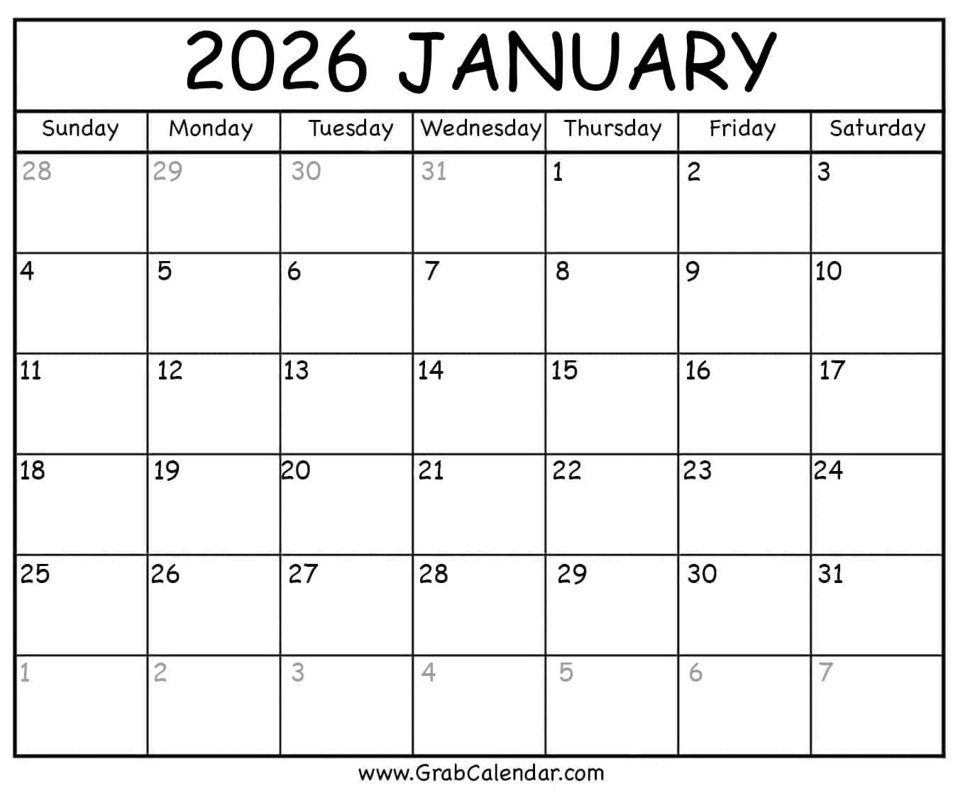 2026 Printable Blank Calendar
