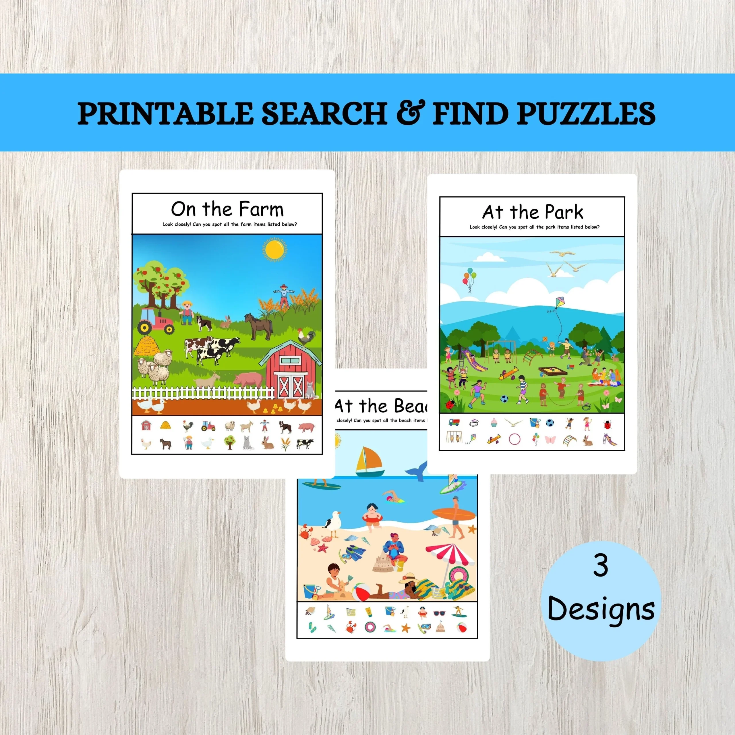 Printable Search And Find Games Farm Park Beach instant 