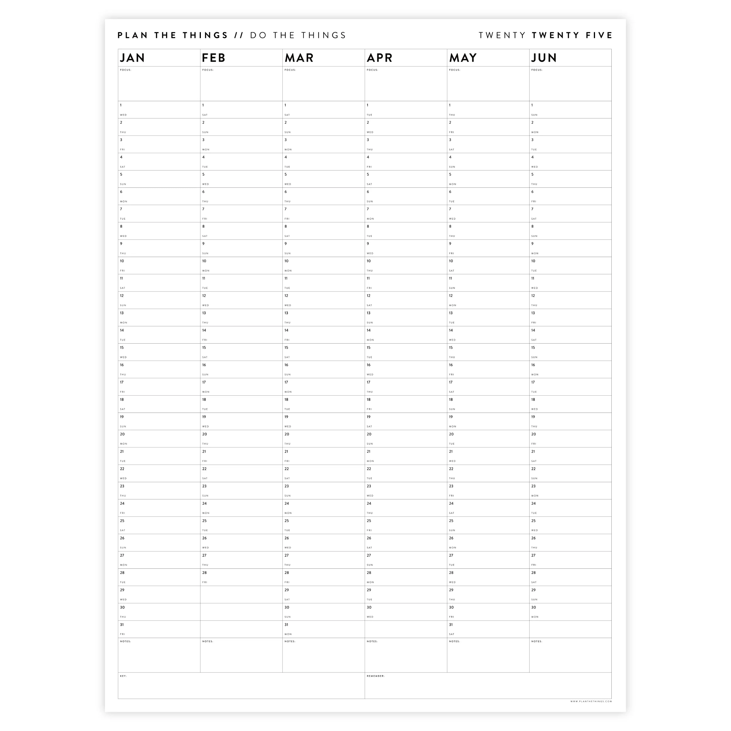 PRINTABLE SIX MONTH 2025 MINIMAL WALL CALENDAR SET INSTANT 