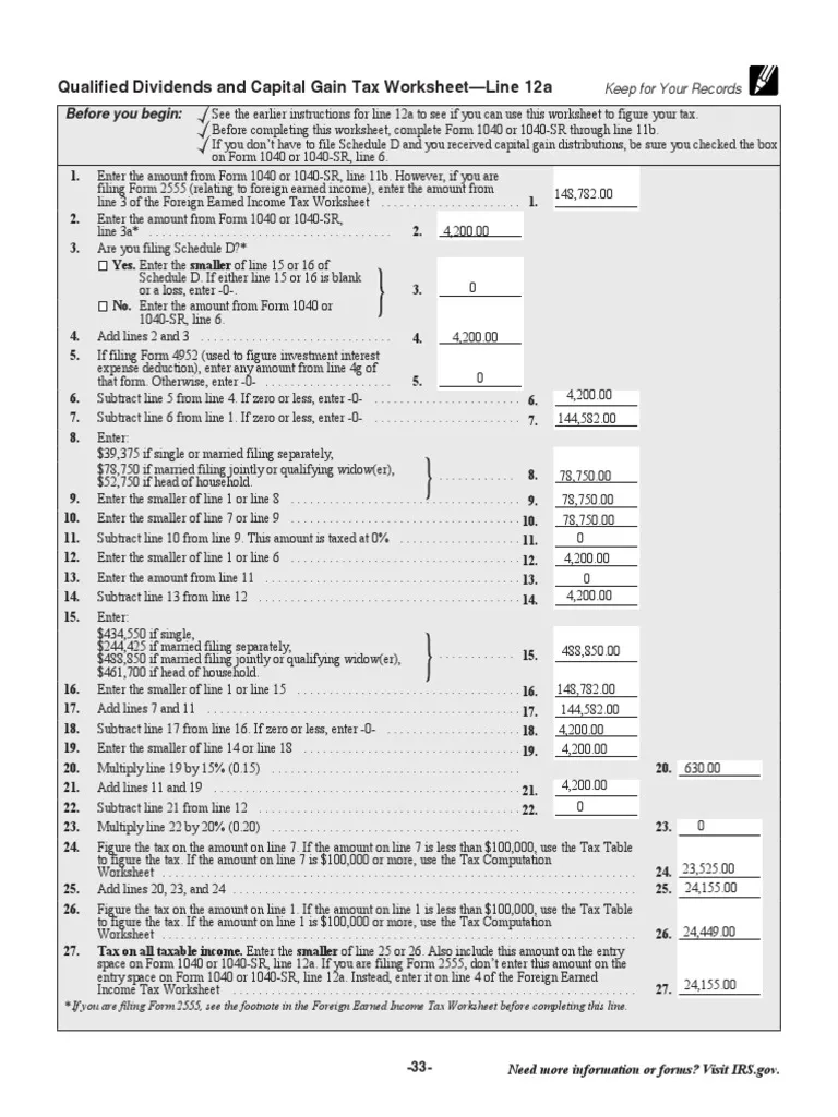 Qualified Dividends And Capital Gains Worksheet PDF Irs Tax 