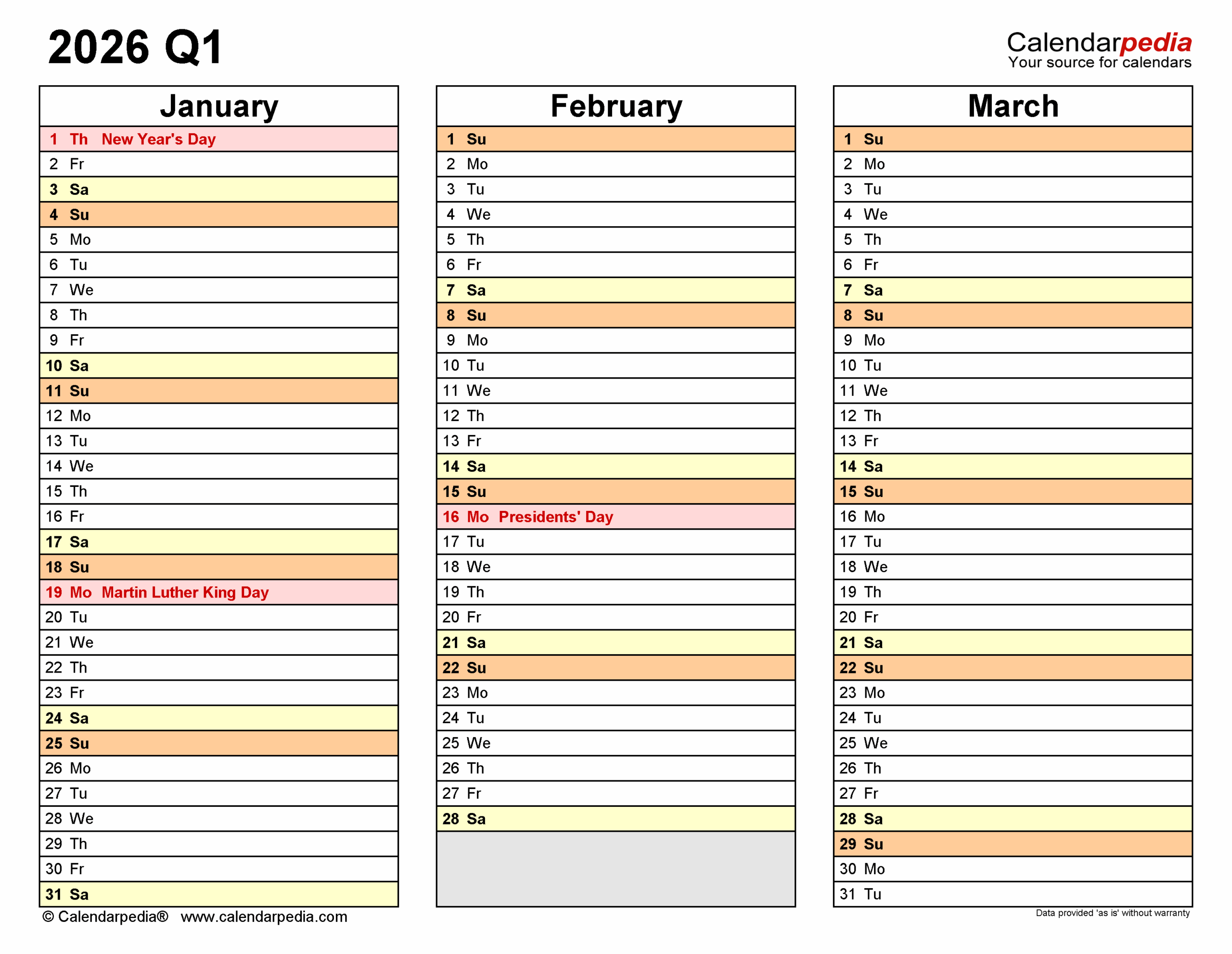 Free Printable Quarterly Calendar 2026