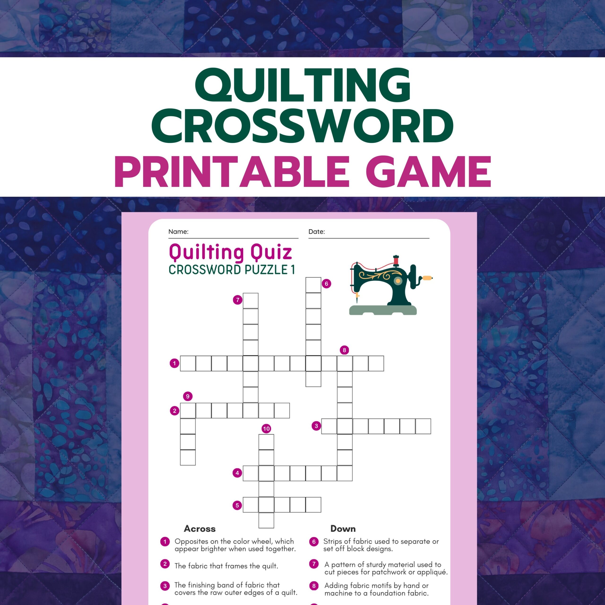 Quilting Crossword Puzzle Sewing Game For Quilters PDF Etsy