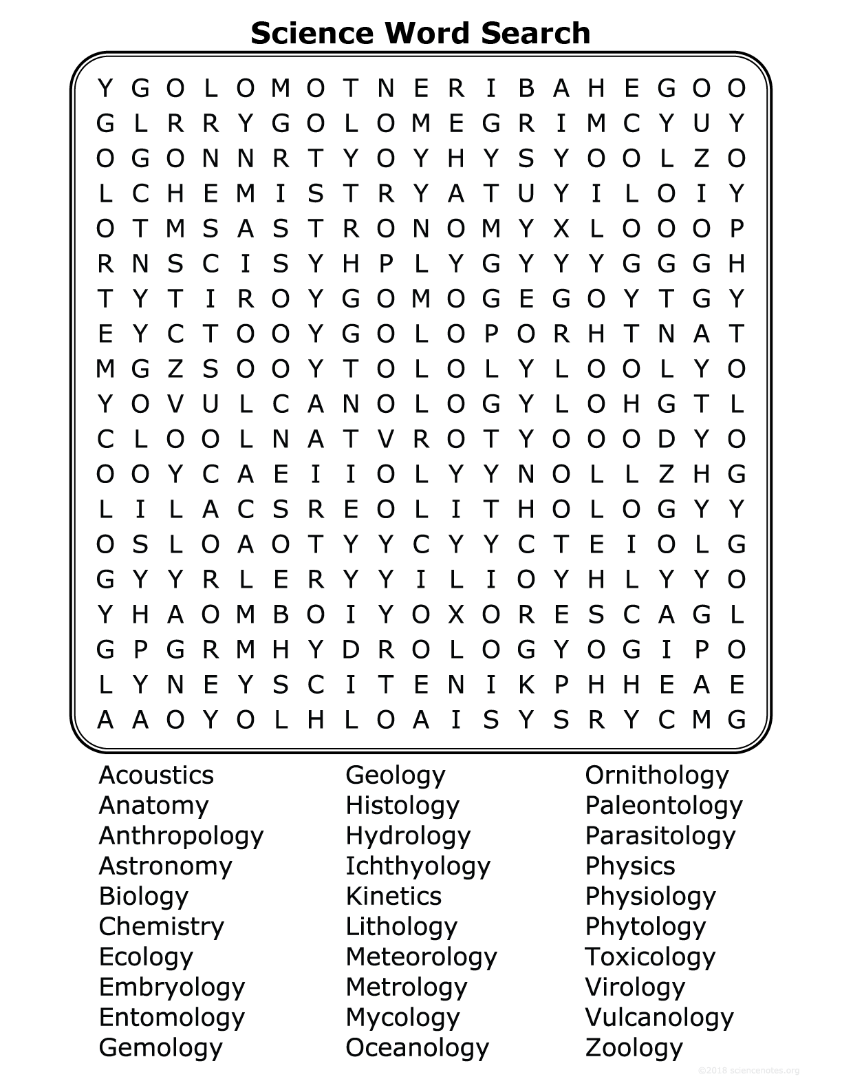 Science Disciplines Word Search Worksheets Library