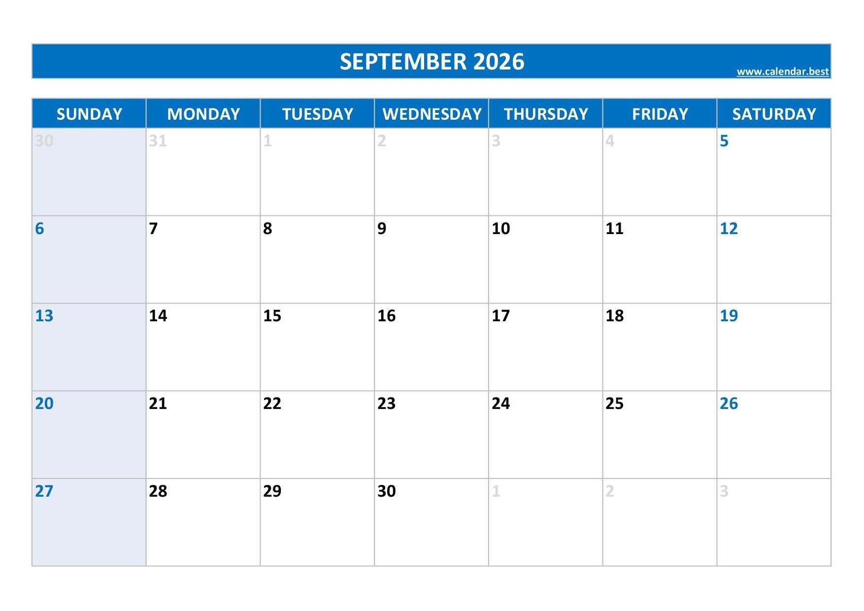 Blank September 2026 Calendar Printable Pdf