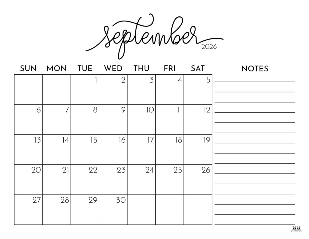 September Blank Calendar 2026