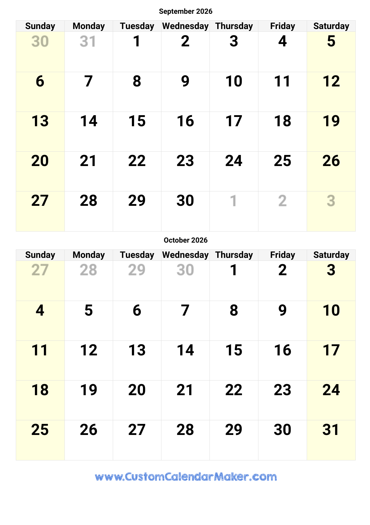 Printable Calendar September October November 2026