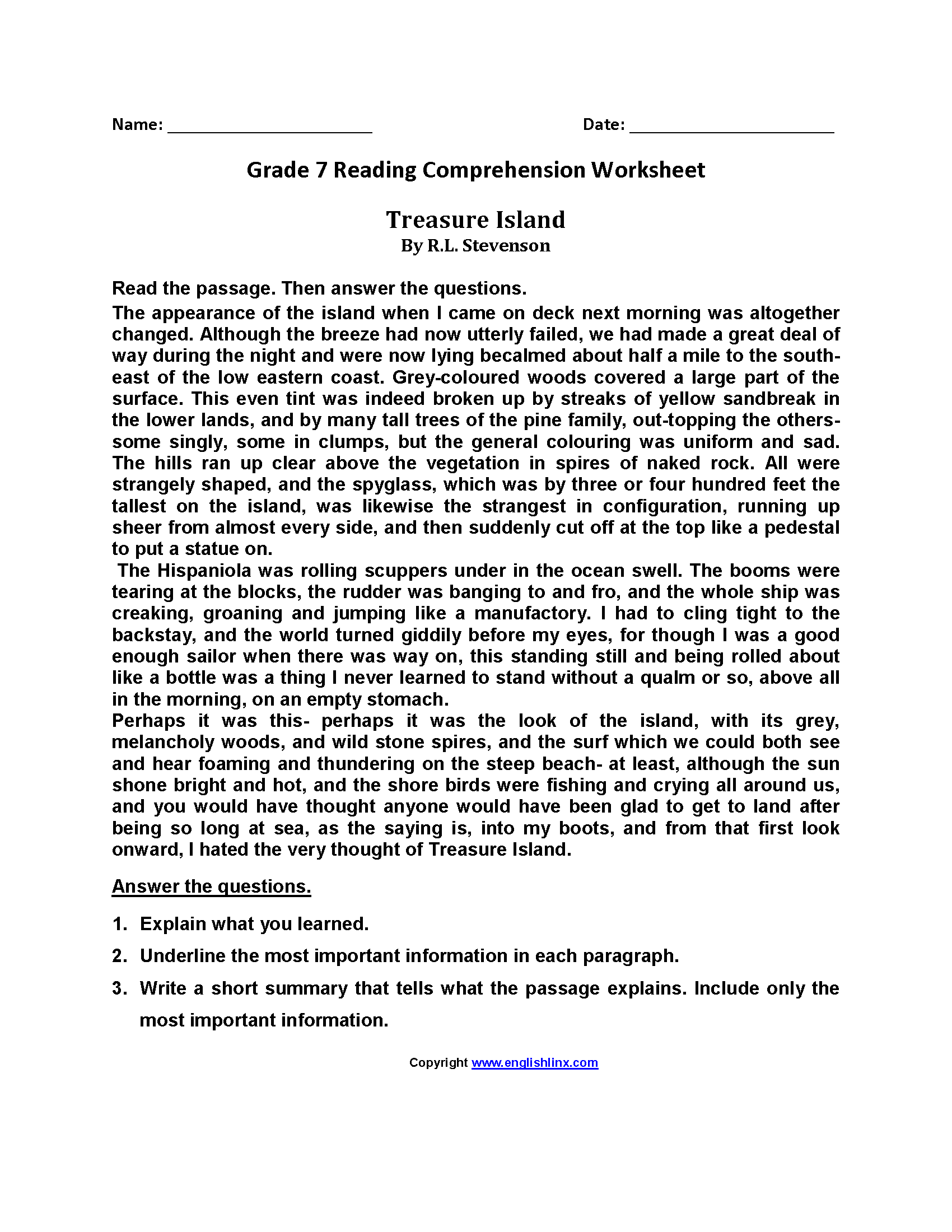 Seventh Grade Reading Worksheets Vocabulary amp Fluency Practice