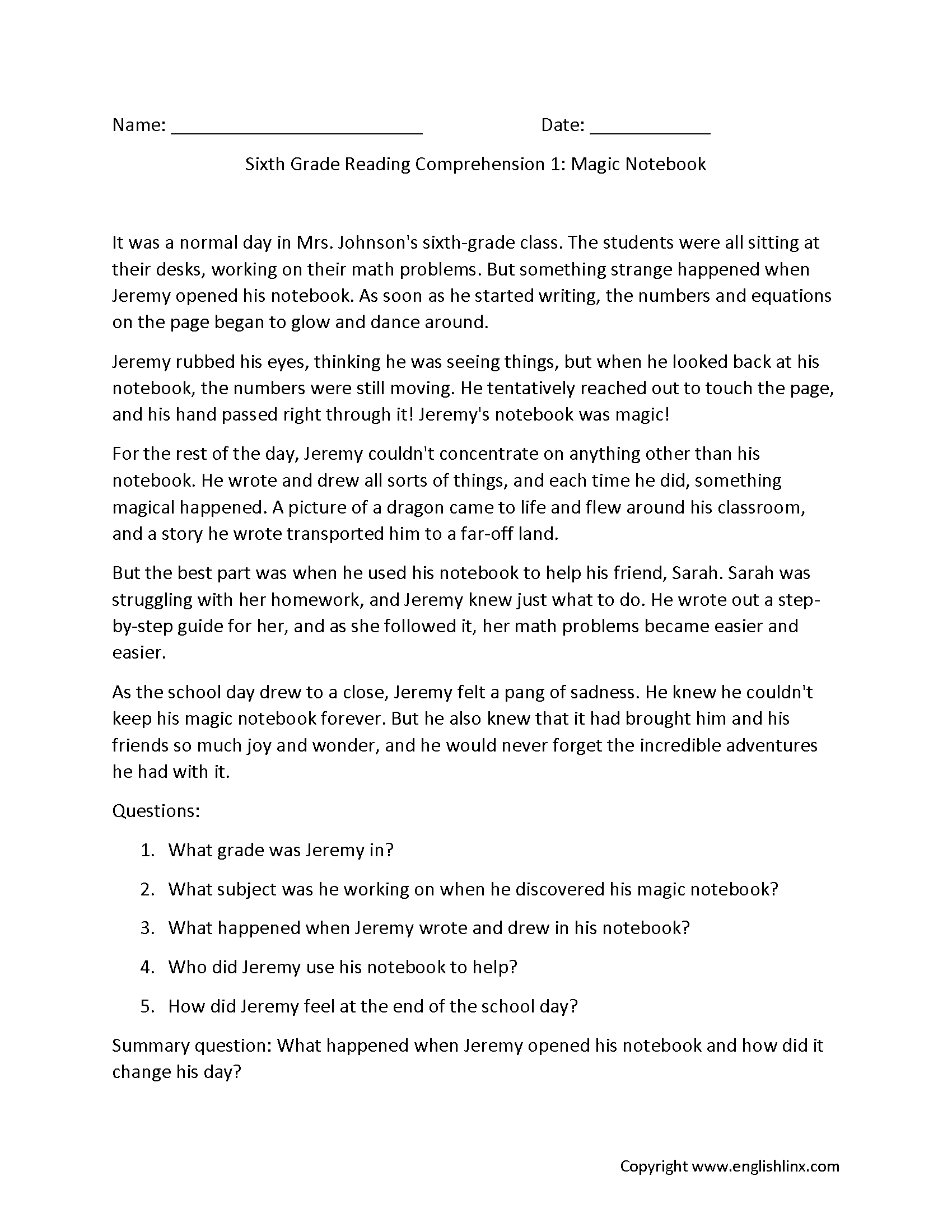 Sixth Grade Reading Comprehension Worksheets Free Printable 6th 
