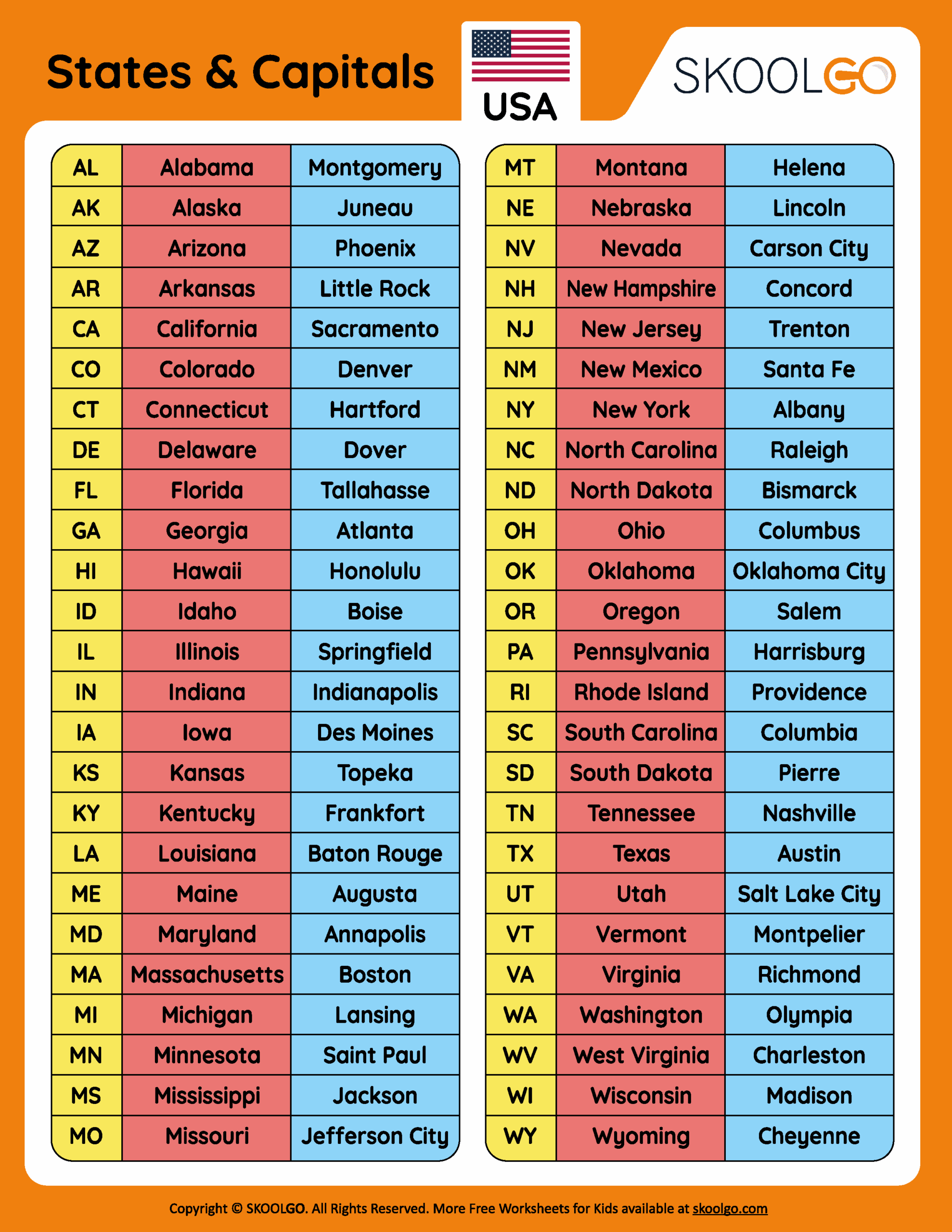 States And Capitals Worksheets Printable