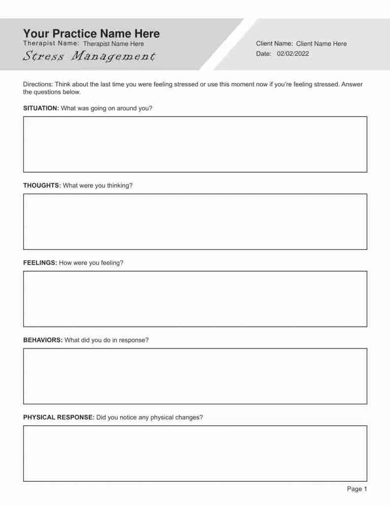 Stress Management Worksheet Editable Fillable Printable PDF 