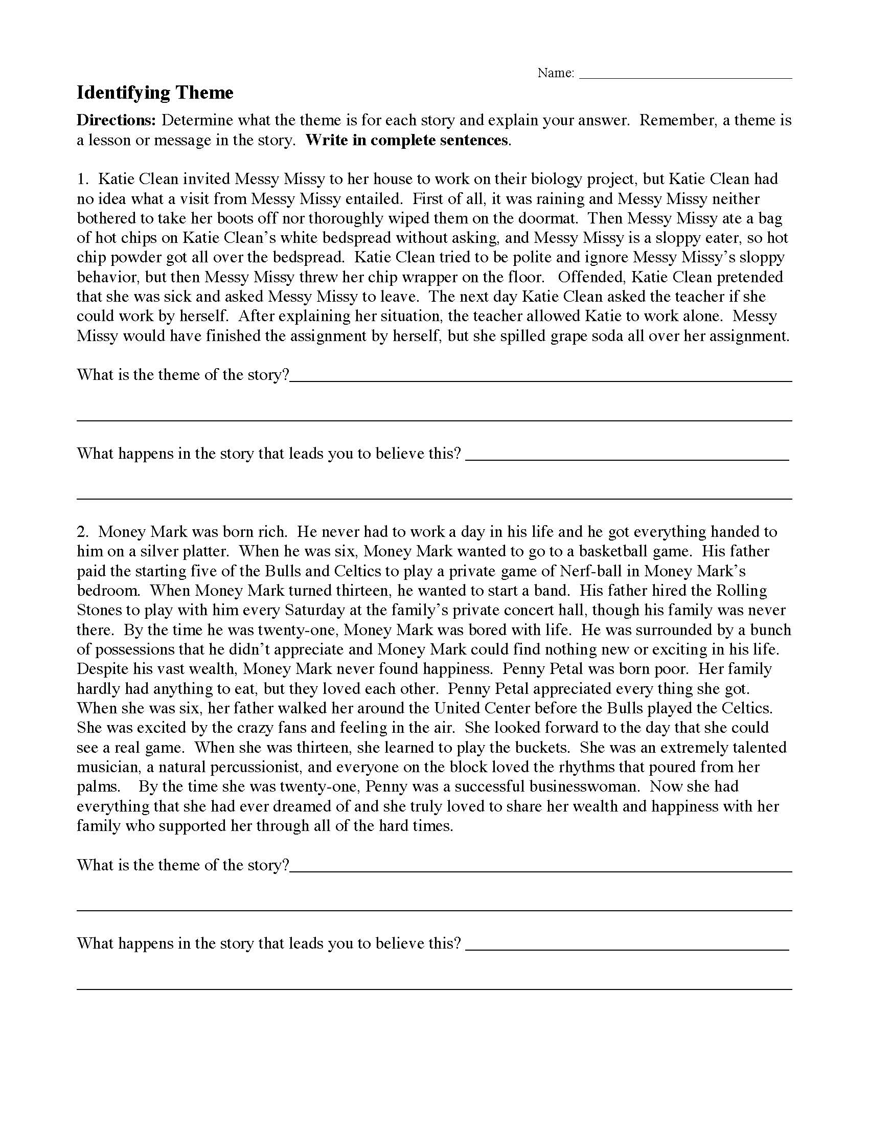 Free Printable Theme Worksheets