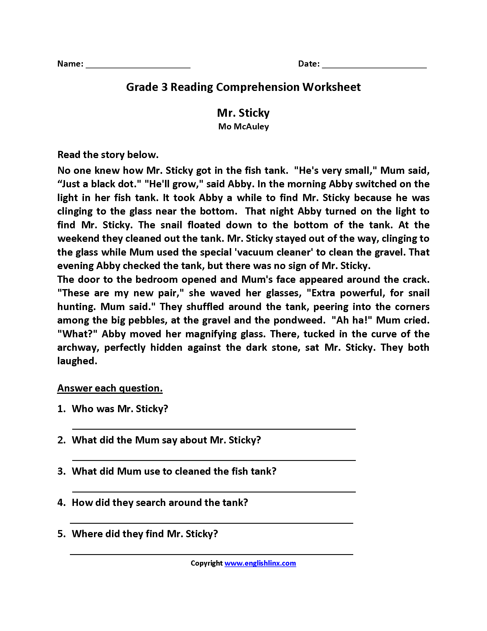 Printable Comprehension Worksheets Grade 3