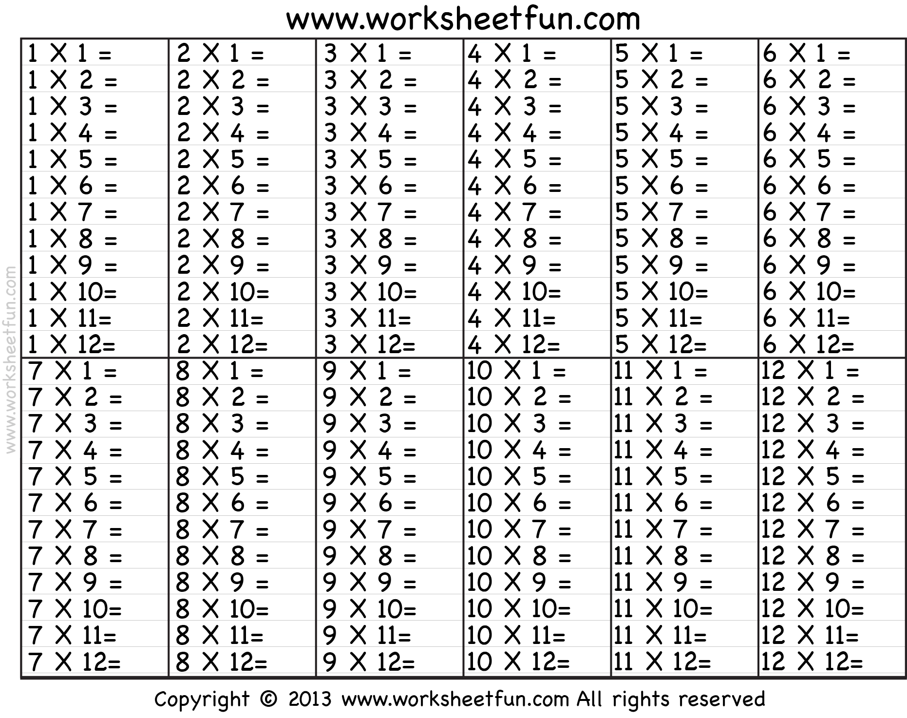 Multiplication Table Printable Worksheet
