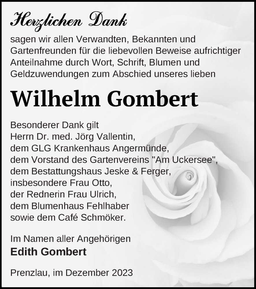 Traueranzeigen Von Wilhelm Gombert Trauer Nordkurier