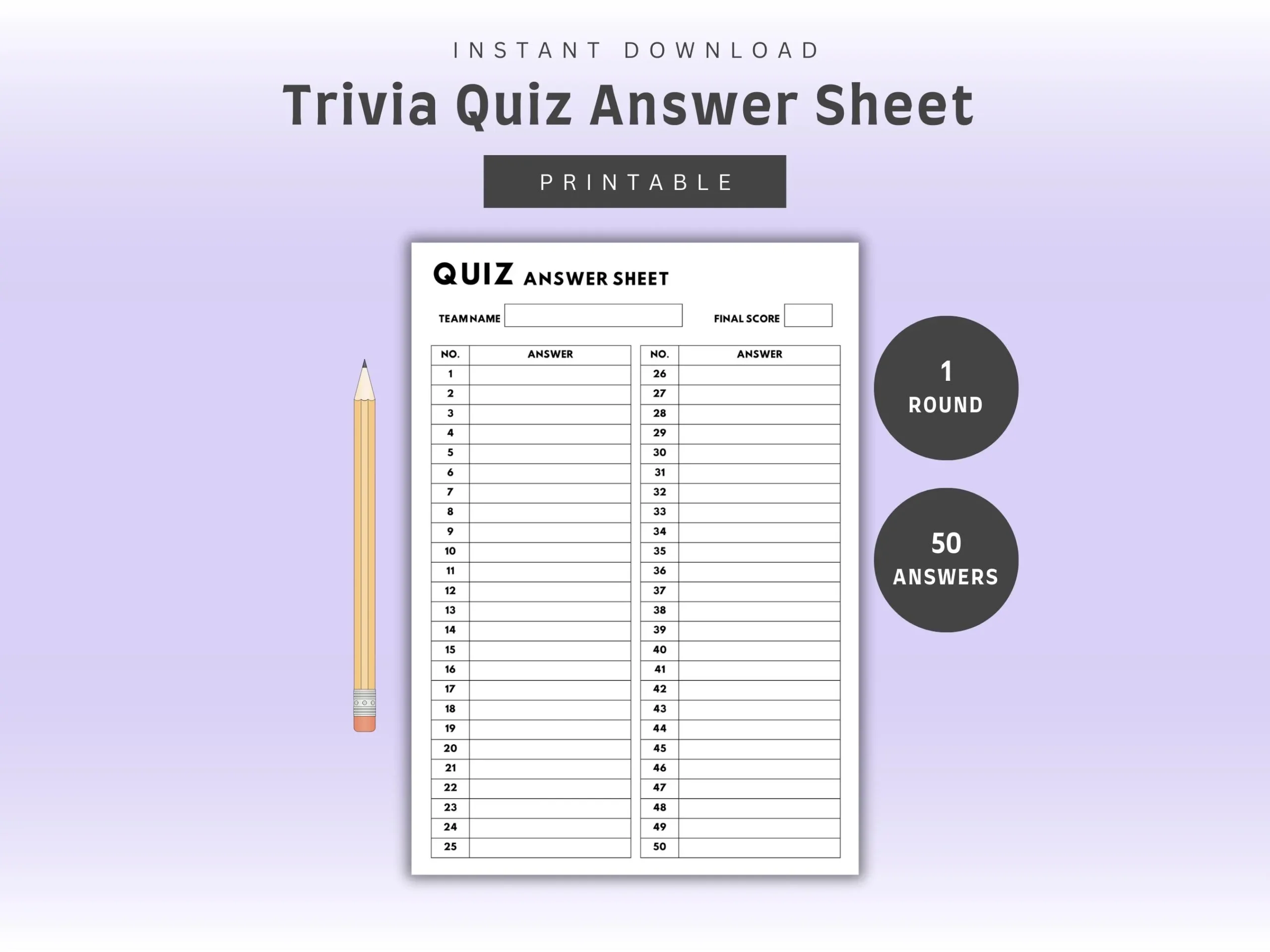 Trivia Quiz Answer Sheet 1 Round Of 50 Questions With Team Name 