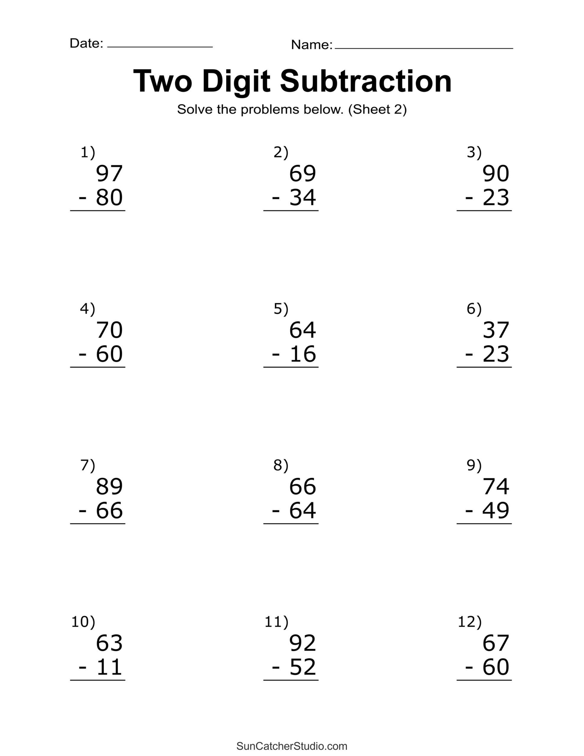 Free Printable 2 Digit Subtraction Worksheets