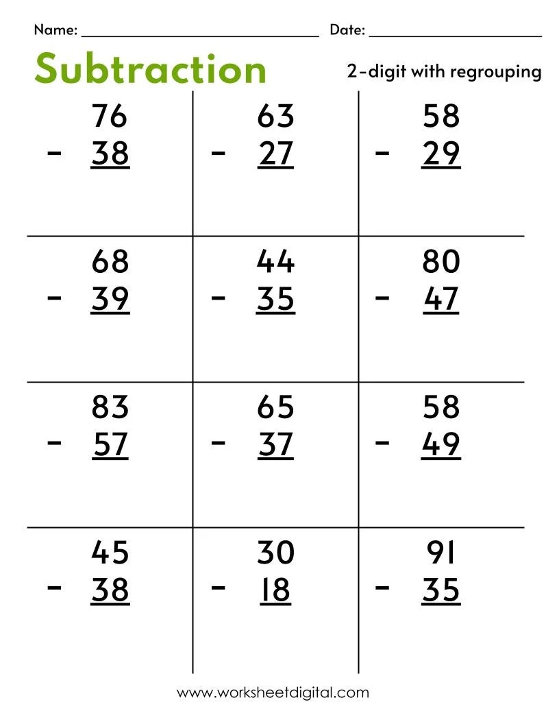 2-Digit Subtraction Worksheets Printable
