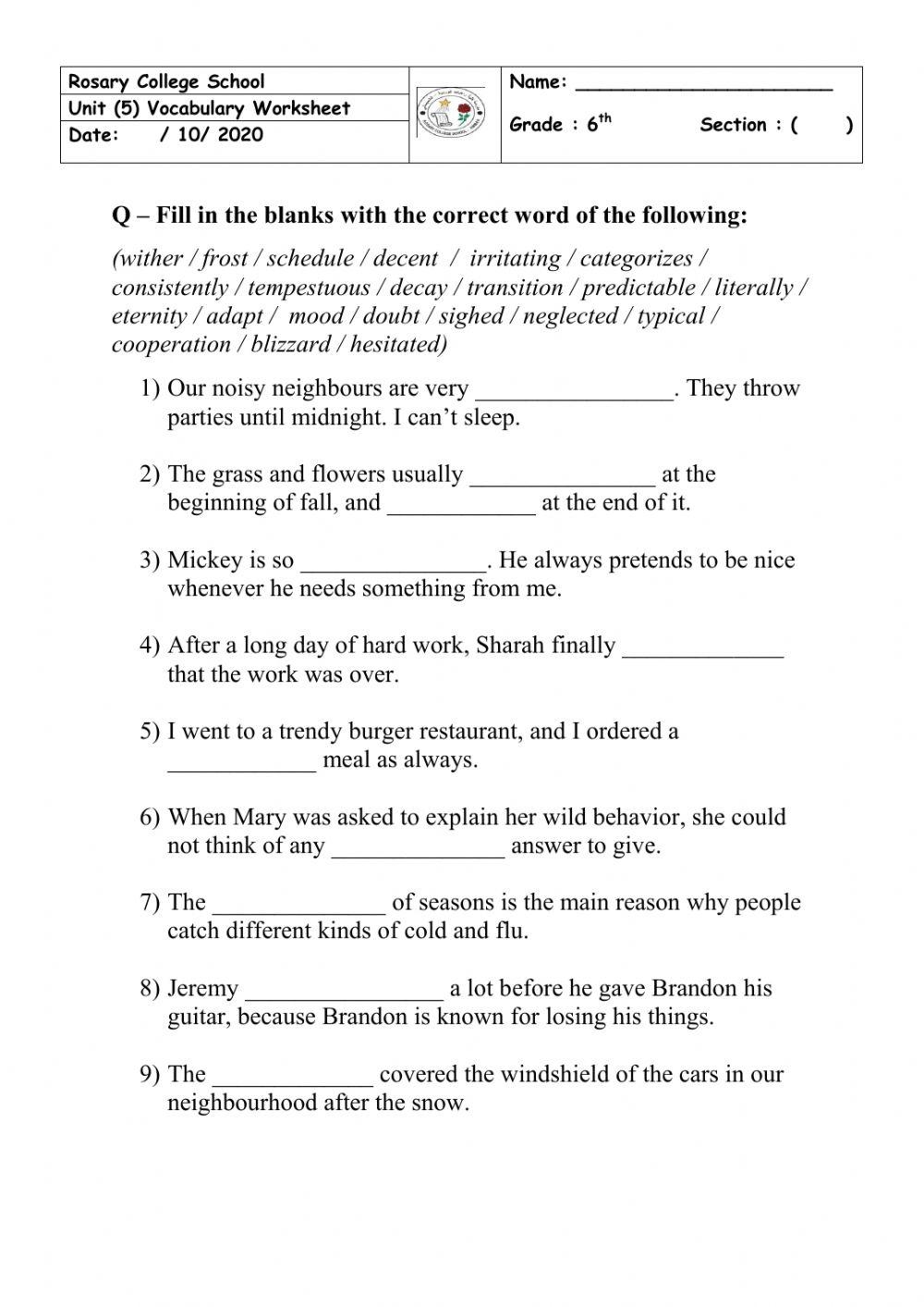 Vocabulary Worksheet Exercise For Grade 6 Worksheets Library