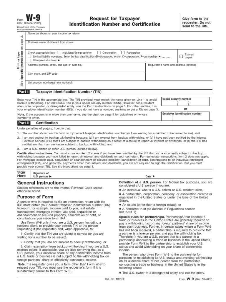 W 9 Irs Form PDF Withholding Tax Social Security Number