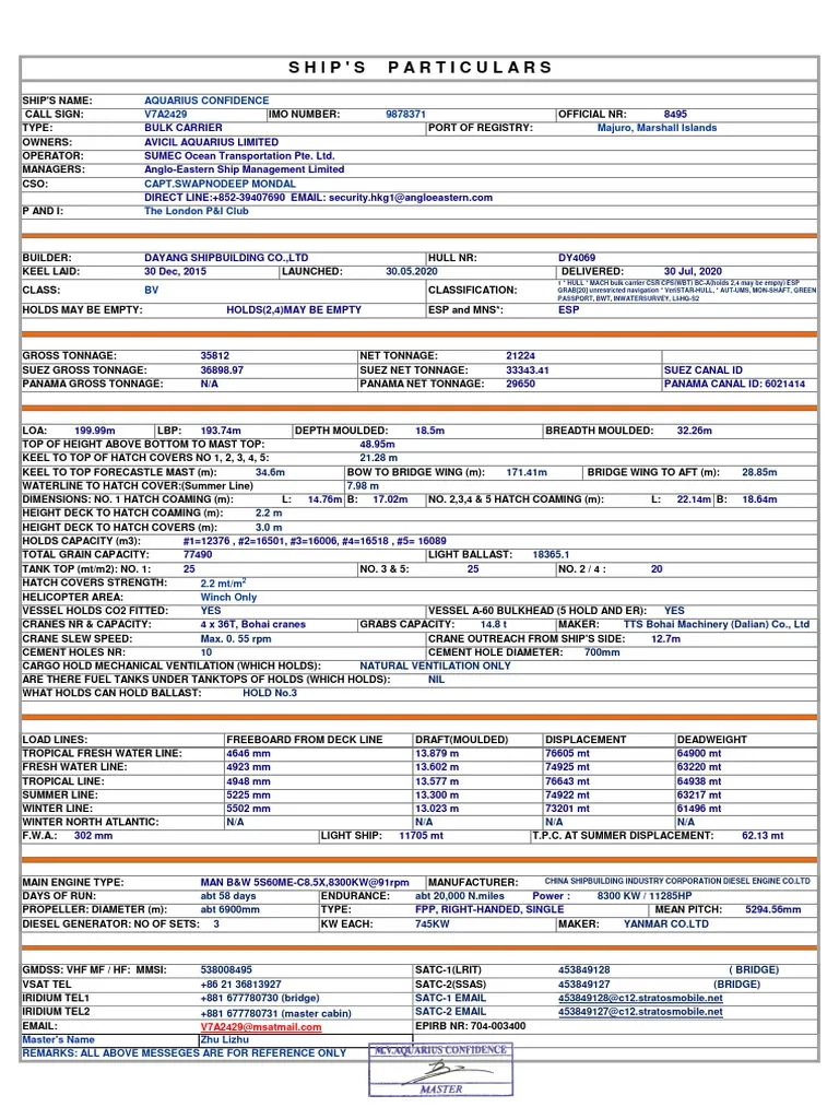 1 Ship s Particulars PDF Tonnage Ships
