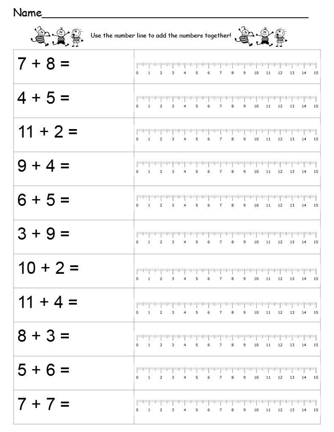 Free Printable Number Line Addition Worksheets