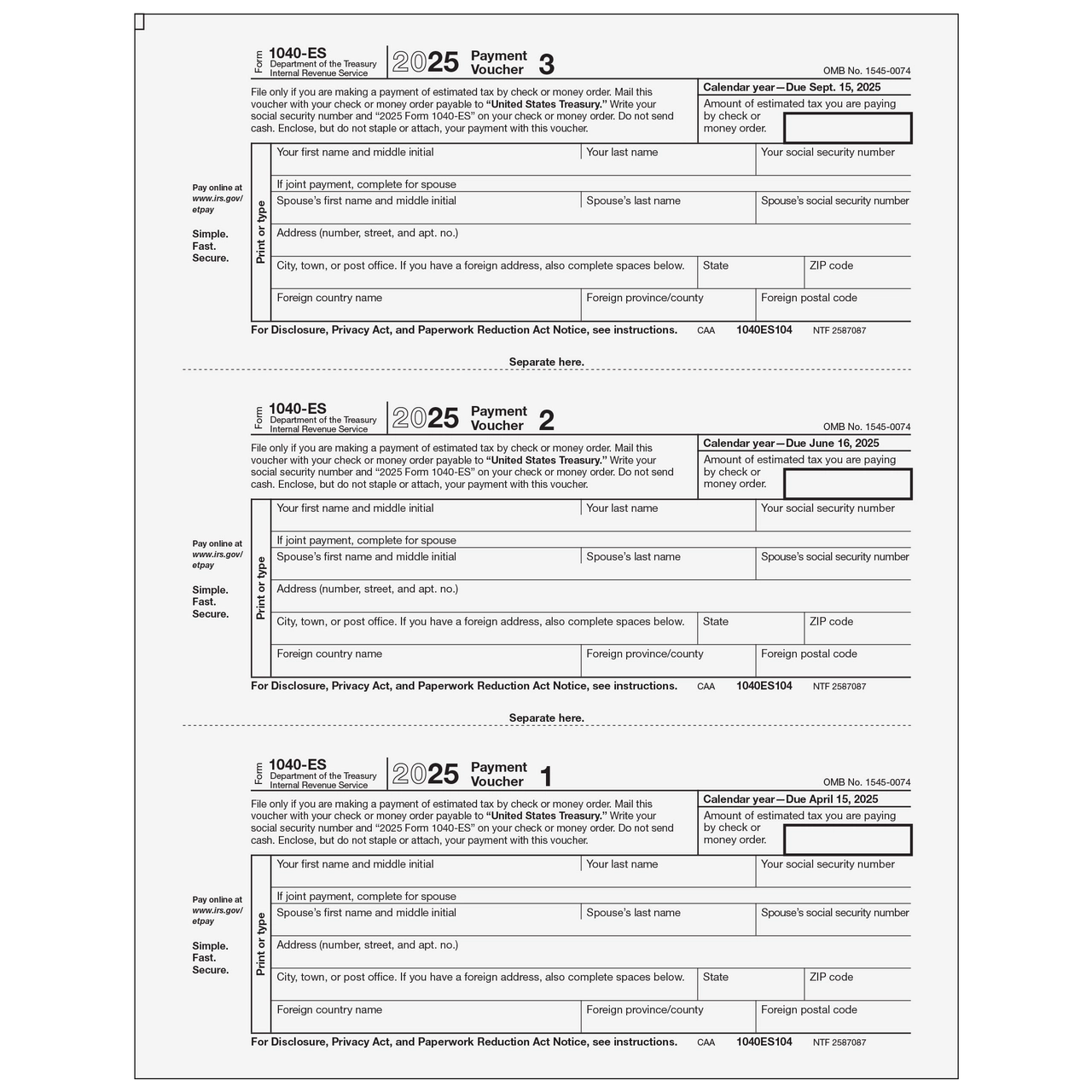 Irs Form Number For Estimated Payments