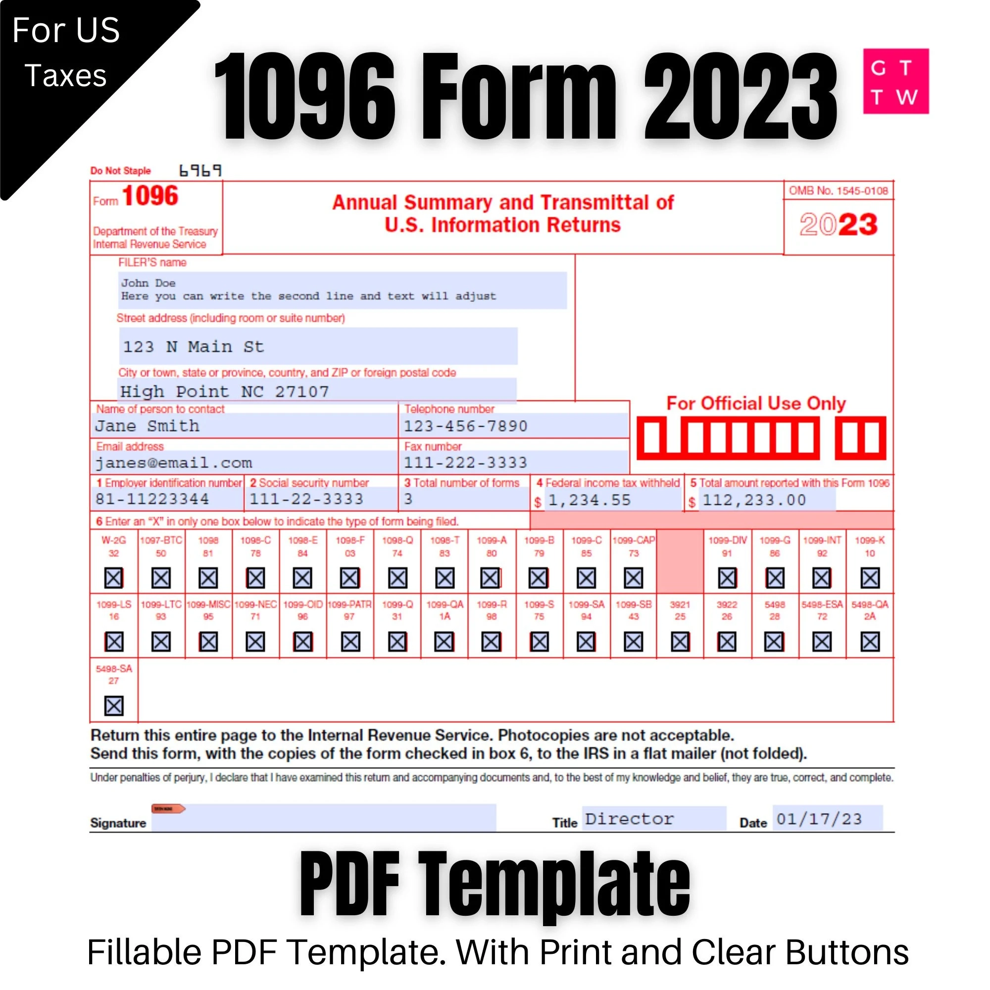 1096 IRS Form 2023 2024 Fillable Template digital Download Etsy