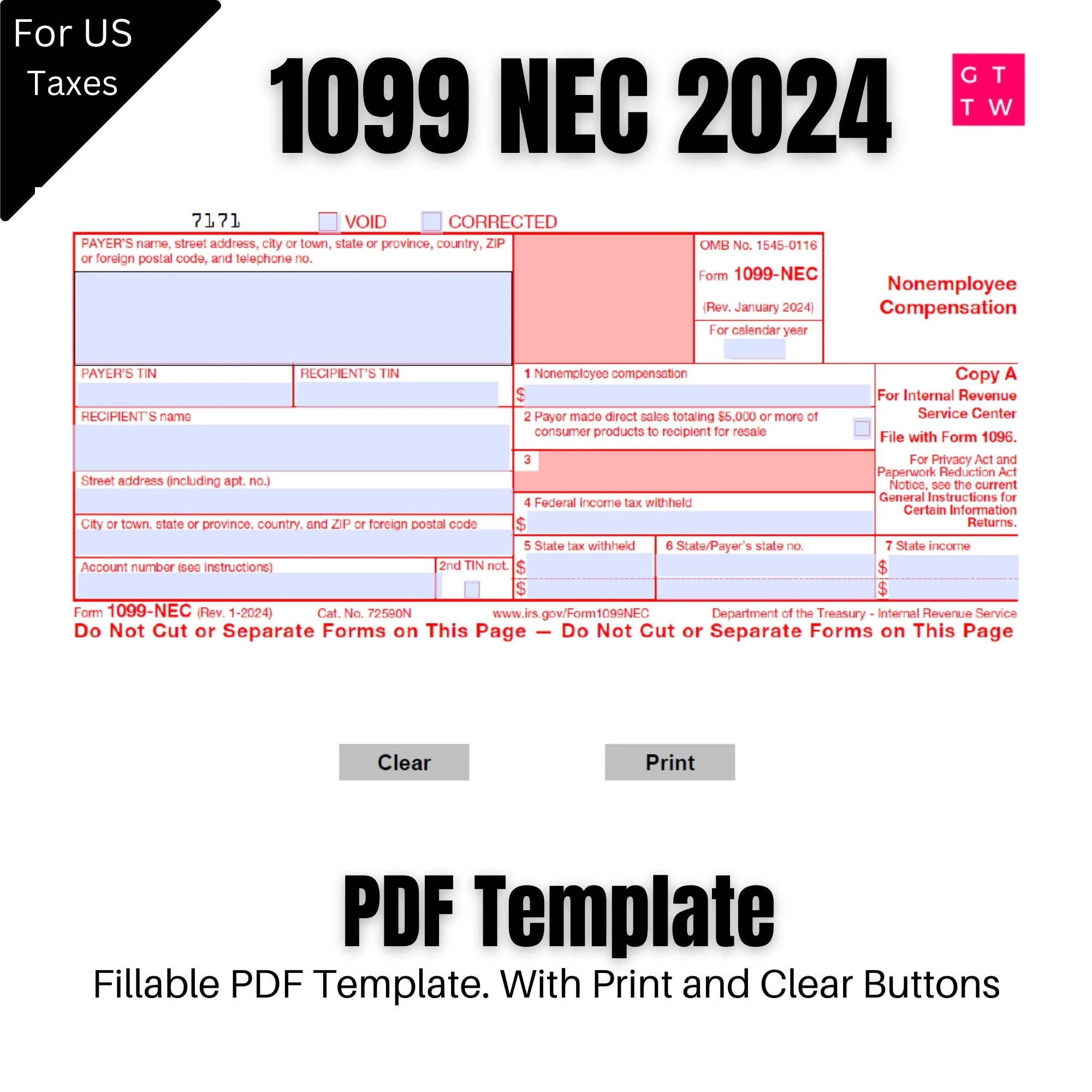1099 NEC Editable PDF Fillable Template 2024 With Print And 