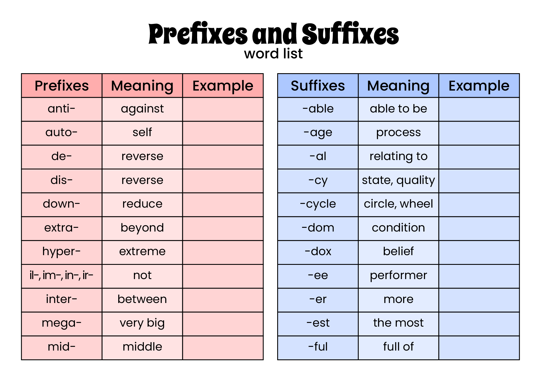 Free Printable Prefixes And Suffixes Words