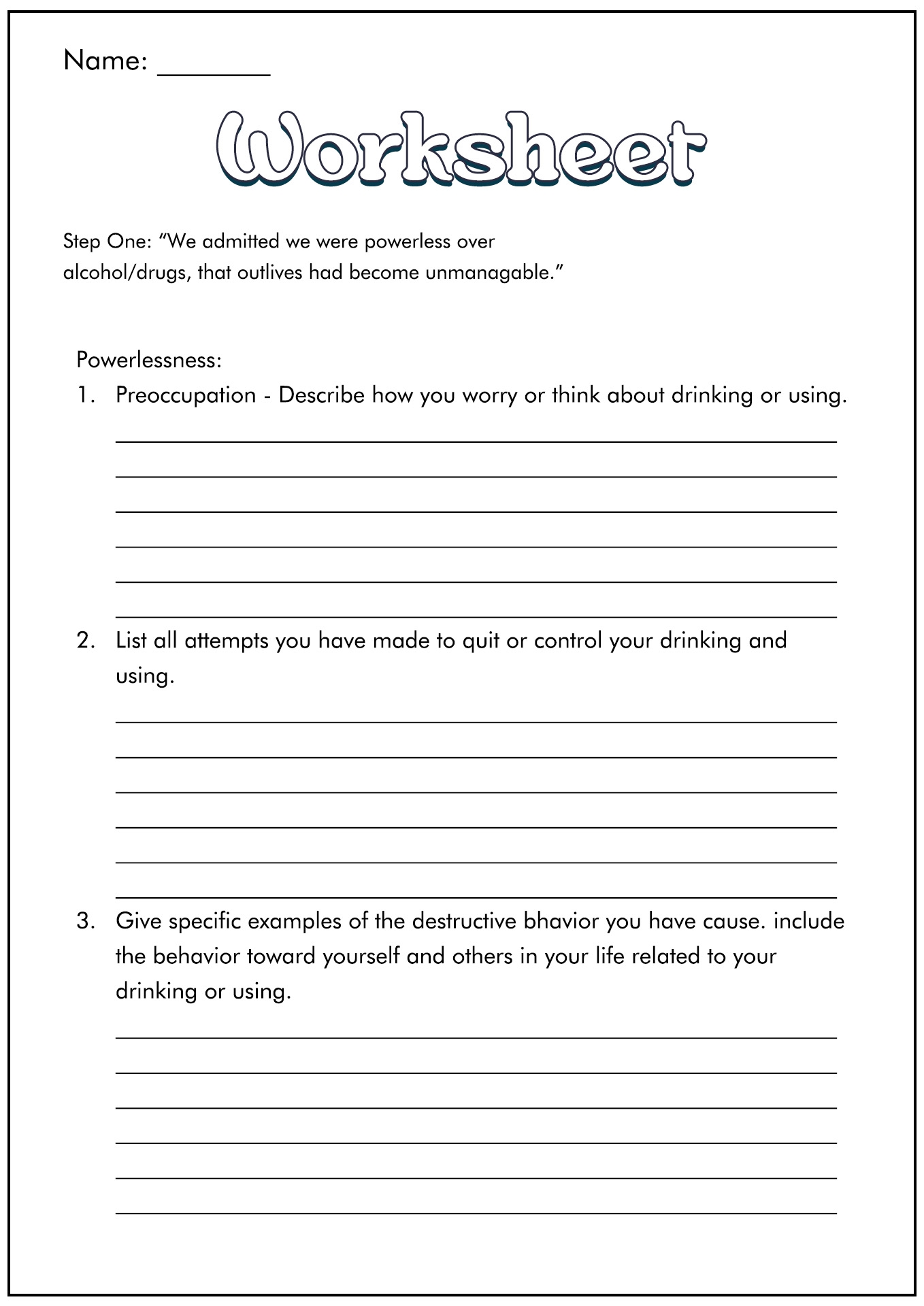 The 12 Steps Of Aa Printable Worksheets