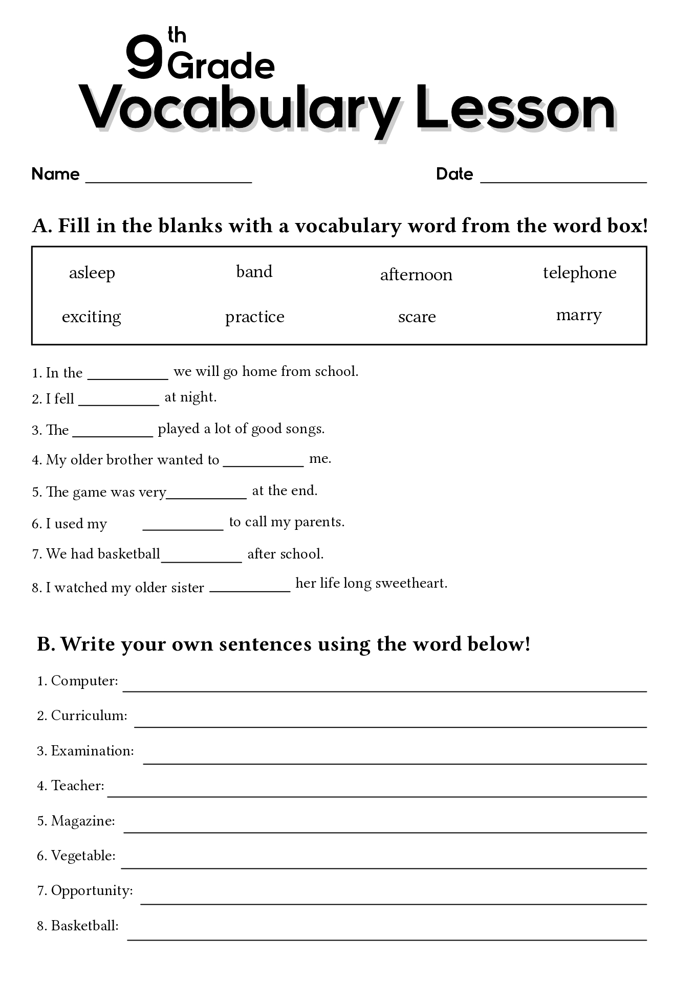 Free Printable Worksheets For 9th Graders