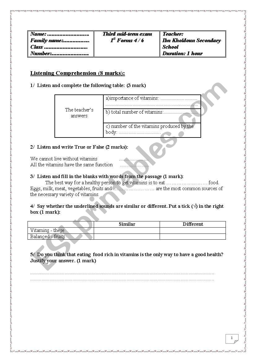 1st Form 3rd Mid Term Exam ESL Worksheet By Hajerka