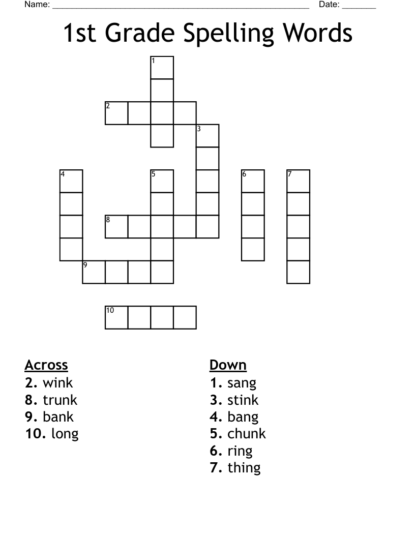 1st Grade Spelling Words Crossword WordMint