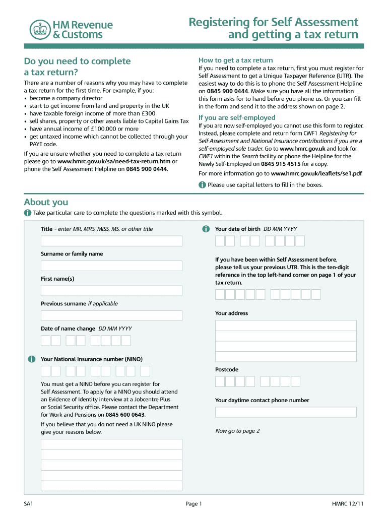 2011 2025 Form UK HMRC SA1 Fill Online Printable Fillable Blank 