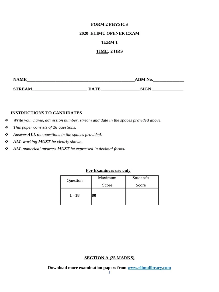 2020 Form 2 Physics Opener Exam Term 1 Set 1 13 19 Dec 13 55 16 