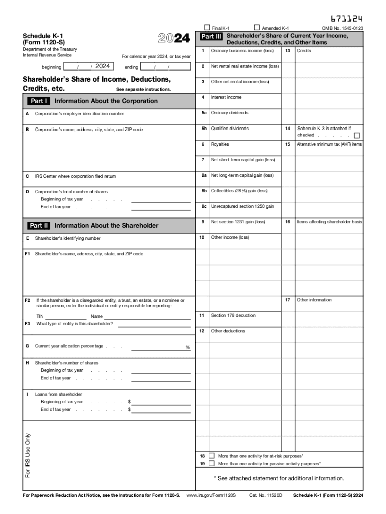 2024 Form IRS 1120S Schedule K 1 Fill Online Printable 