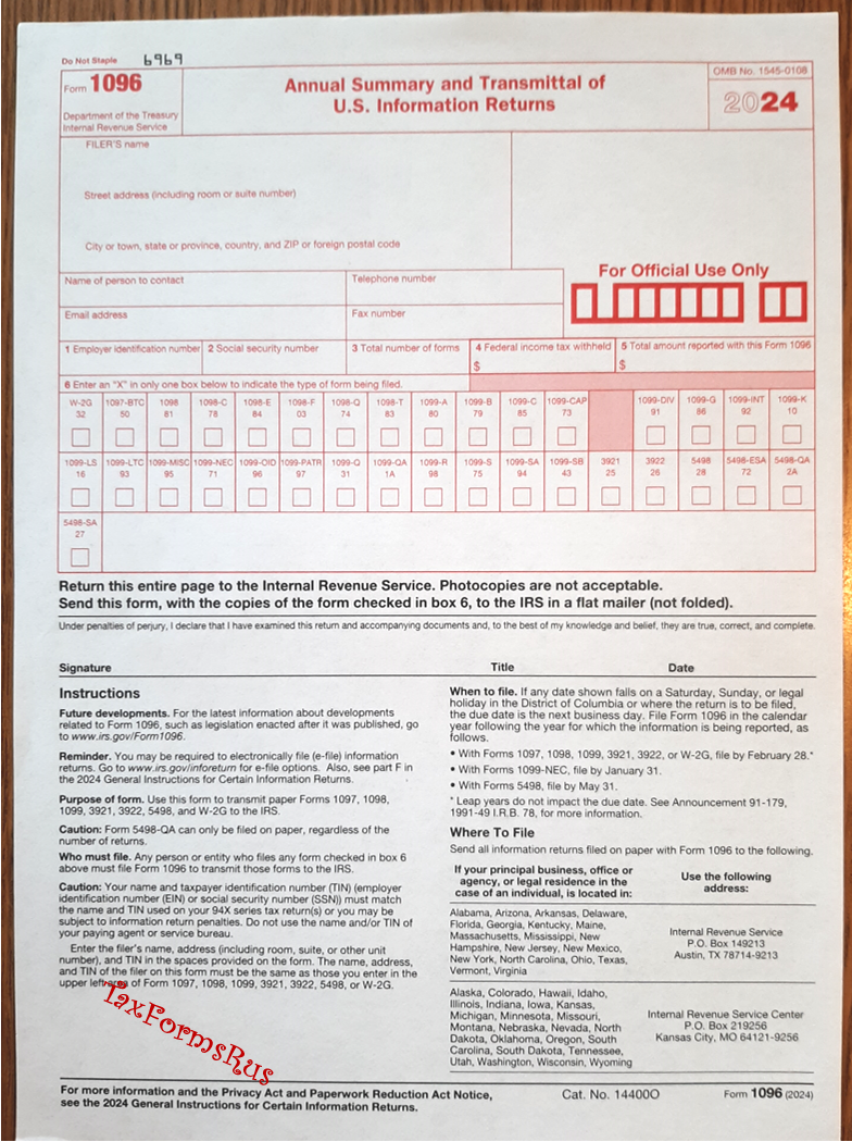 2024 IRS Tax Form 1096 Annual Summary And Transmittal for 1099 s 