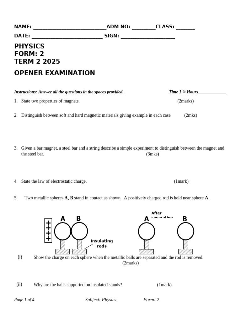 Form 2 Opener Exam 2025