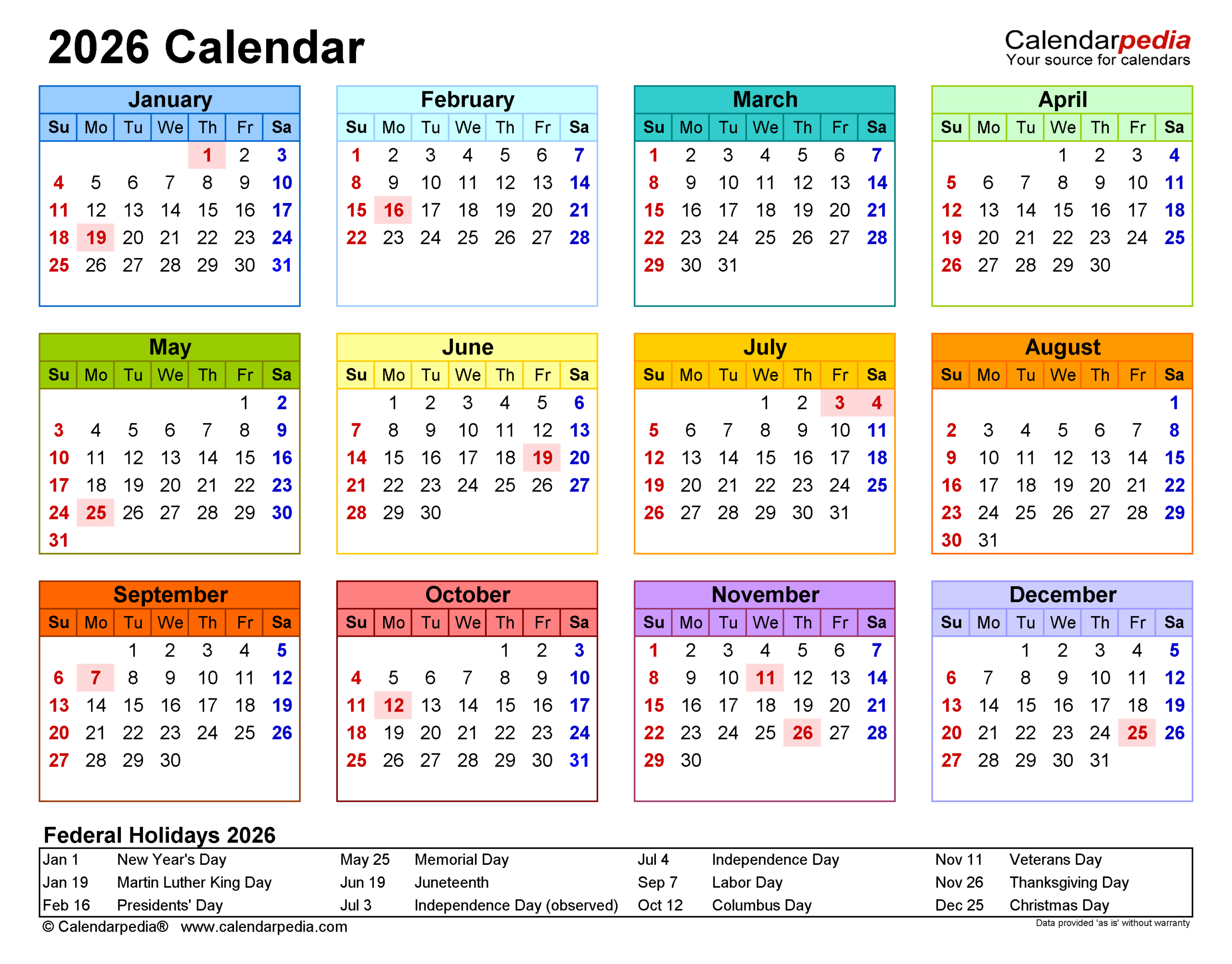 2026 Calendar Printable With Holidays