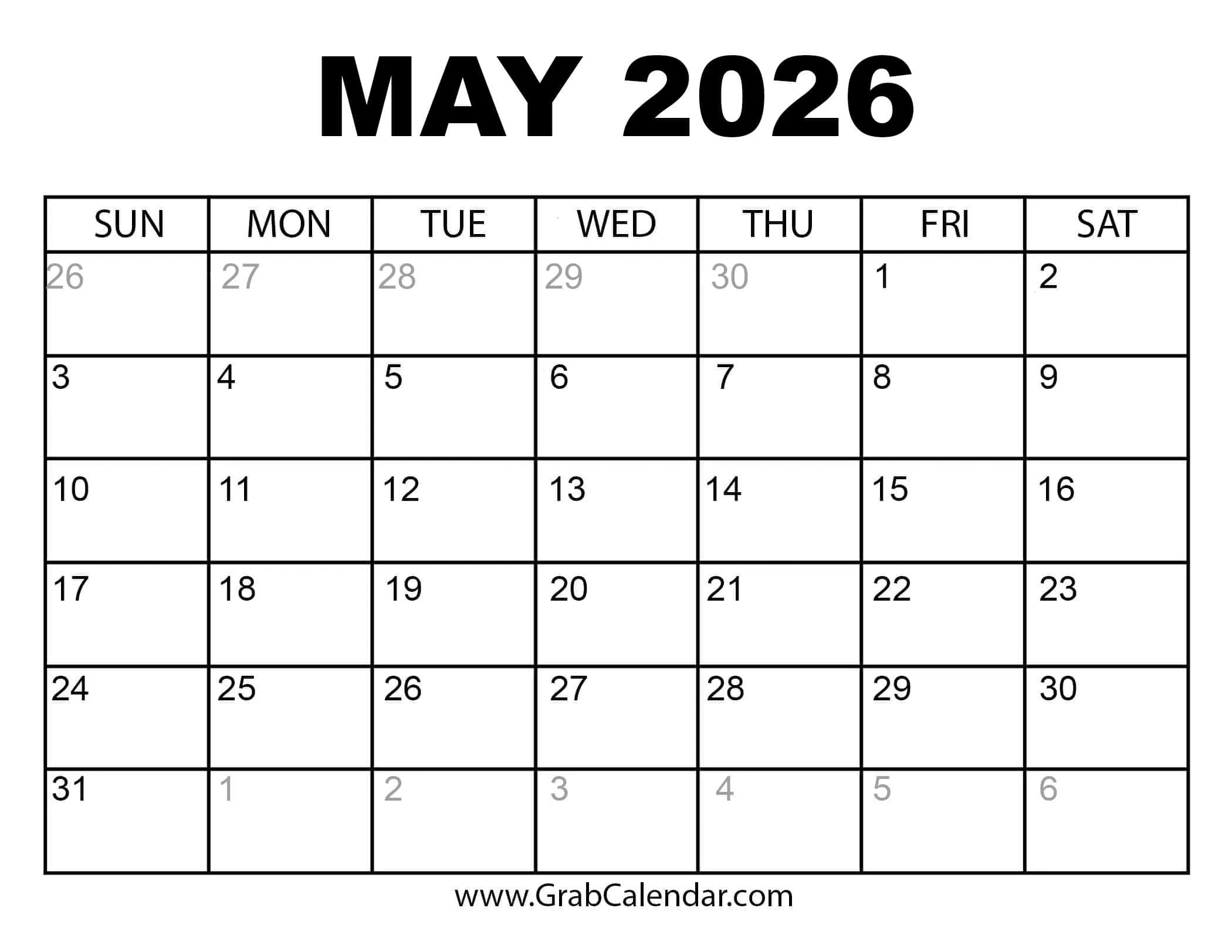 May 2026 Calendar Printable Free Pdf