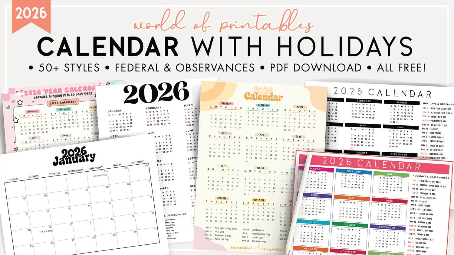 2026 Calendar With Holidays Free Printable PDFs World Of 