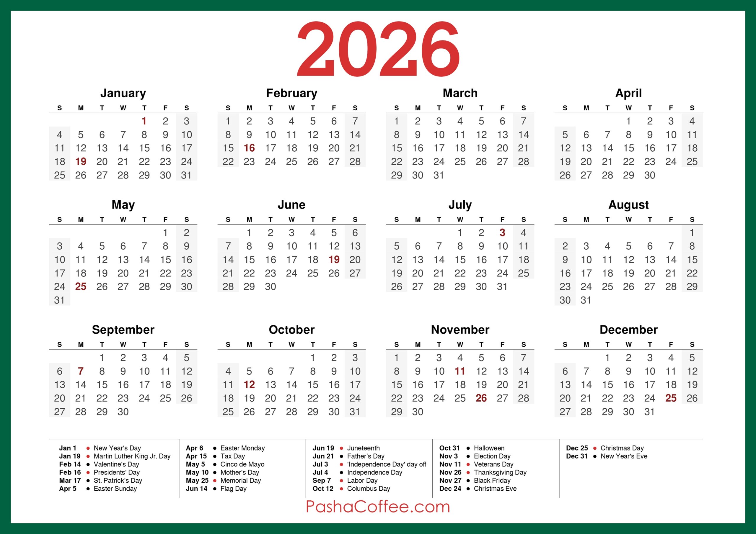 2026 Printable Calendar With Holidays Printable Free Pdf