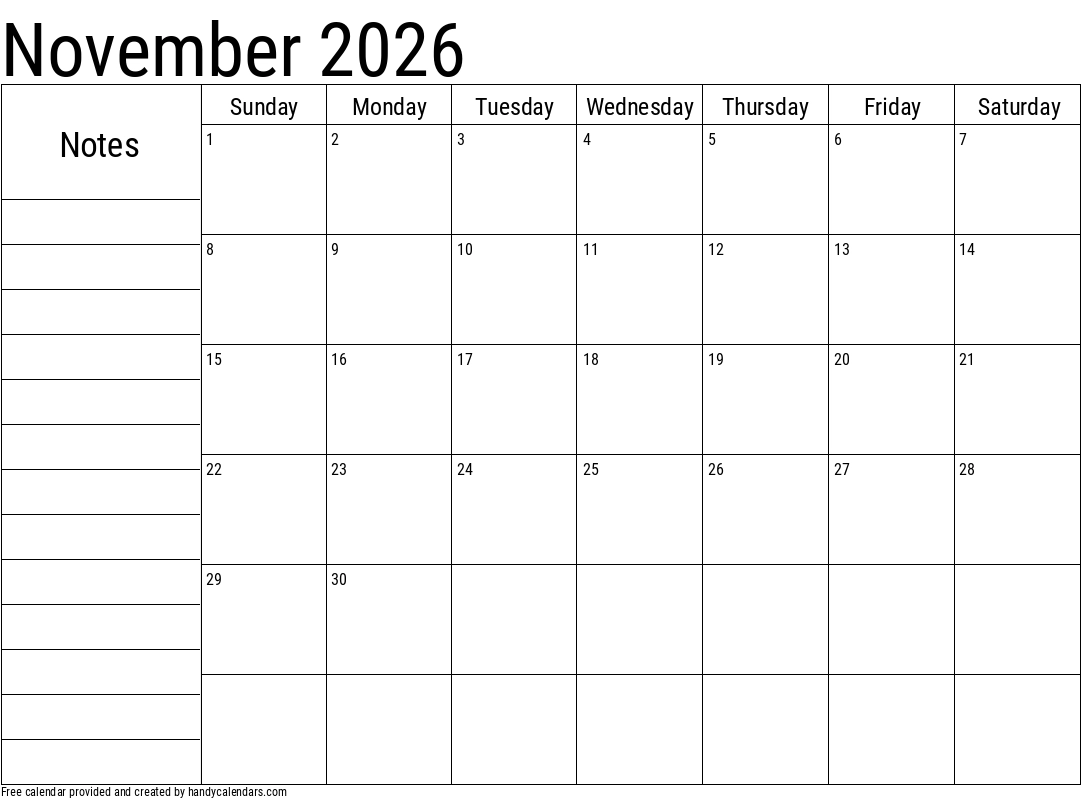 2026 November Calendars Handy Calendars