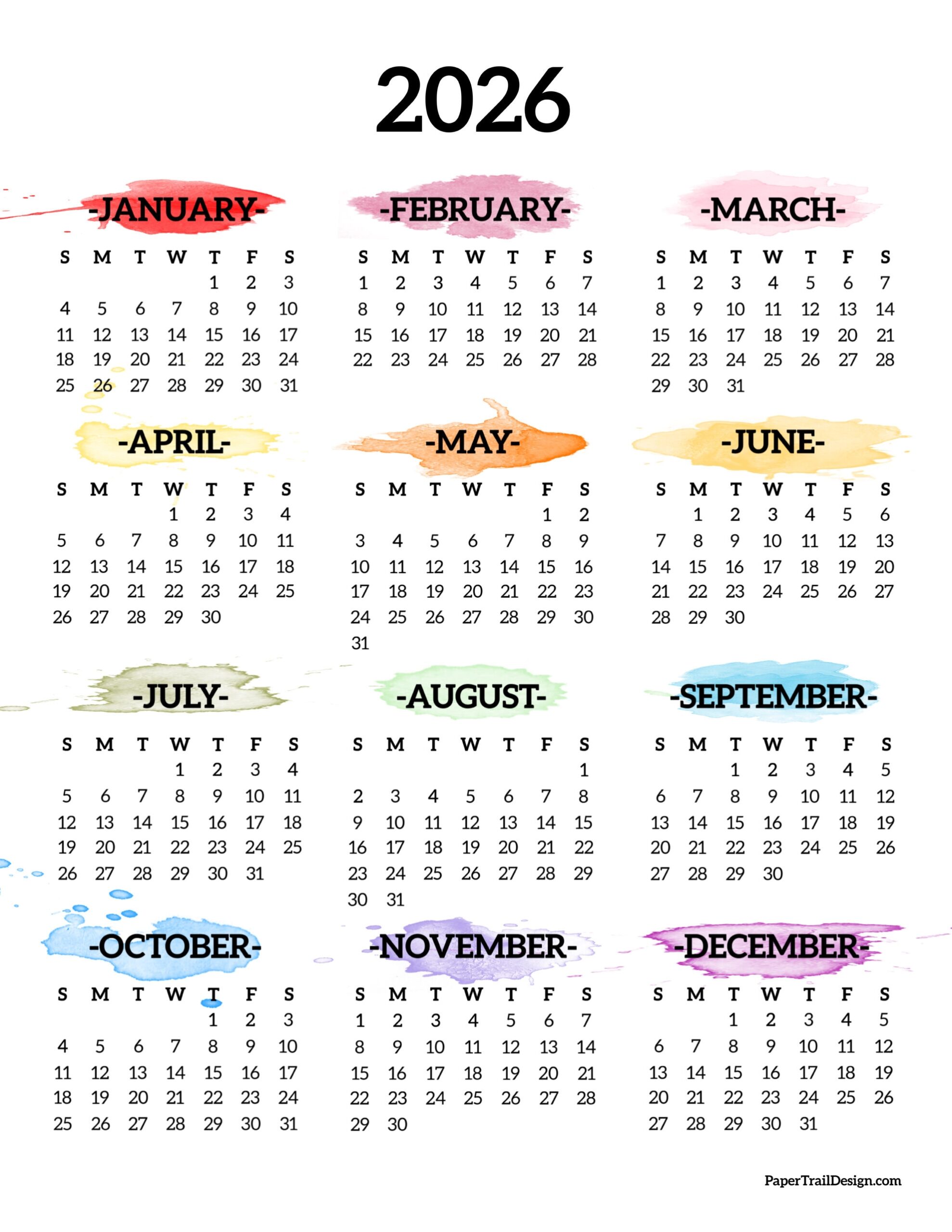 2026 Yearly Calendar Free Printable