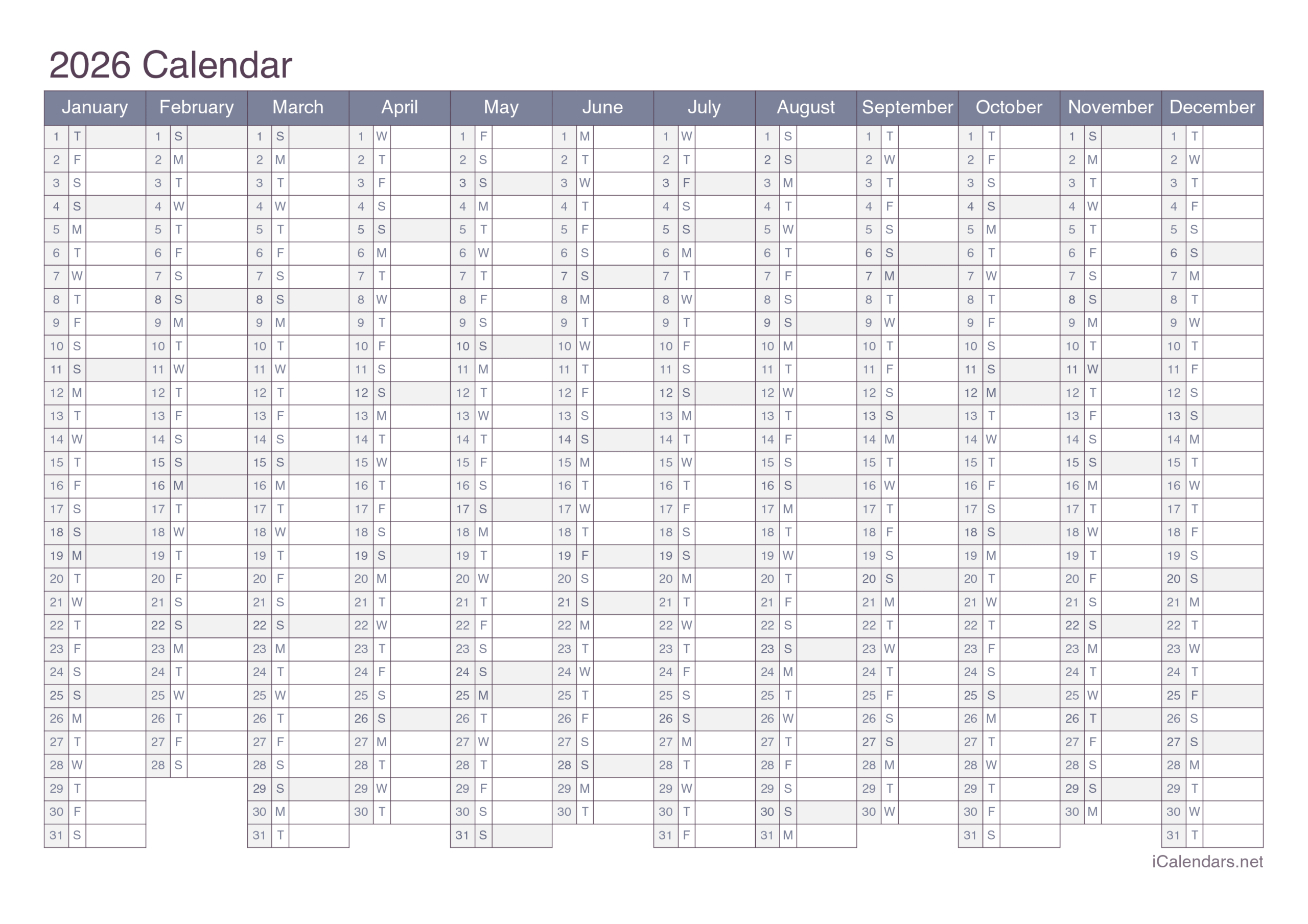 Printable Blank Yearly Calendar 2026