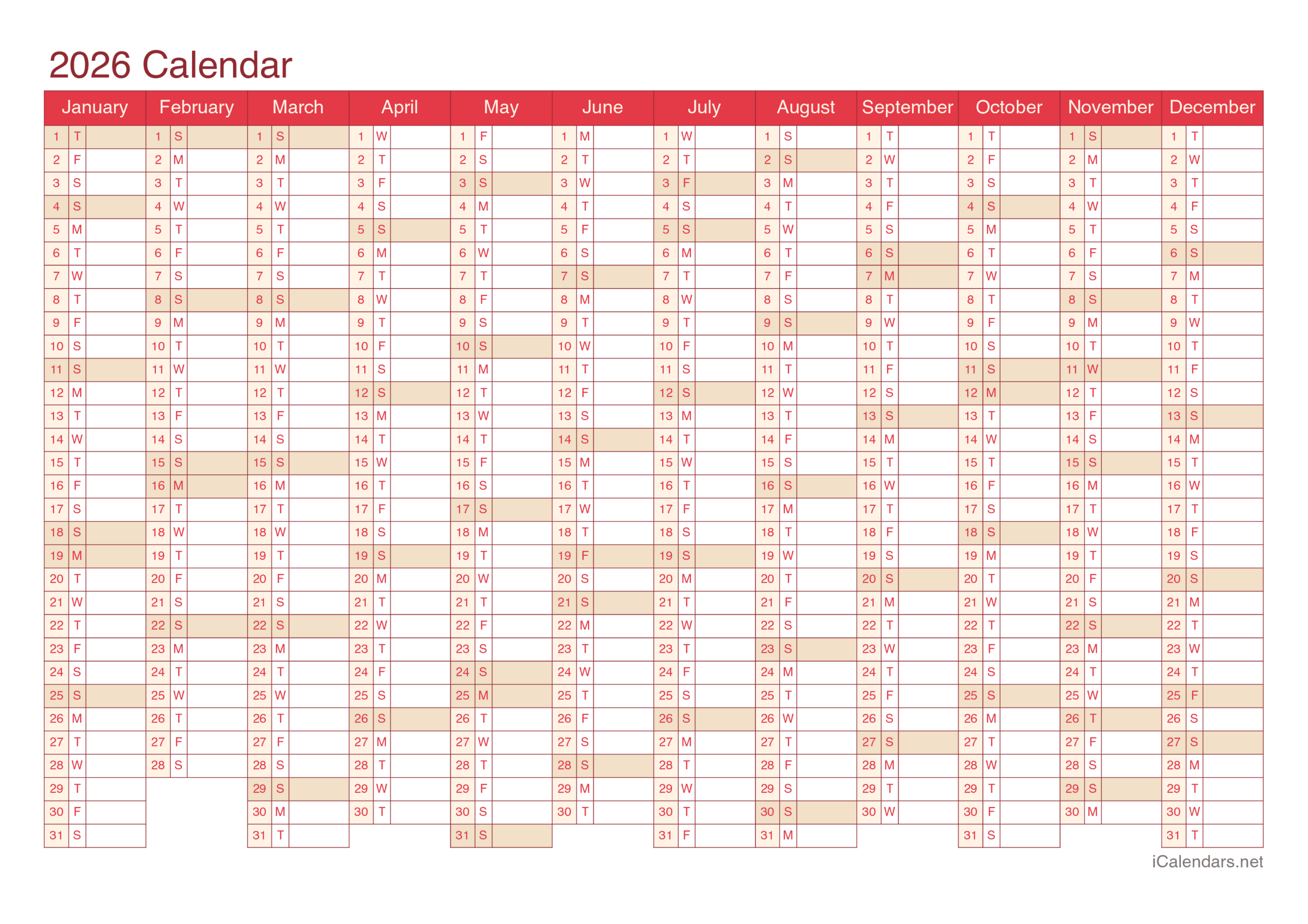 2026 Blank Year Calendar Printable Free