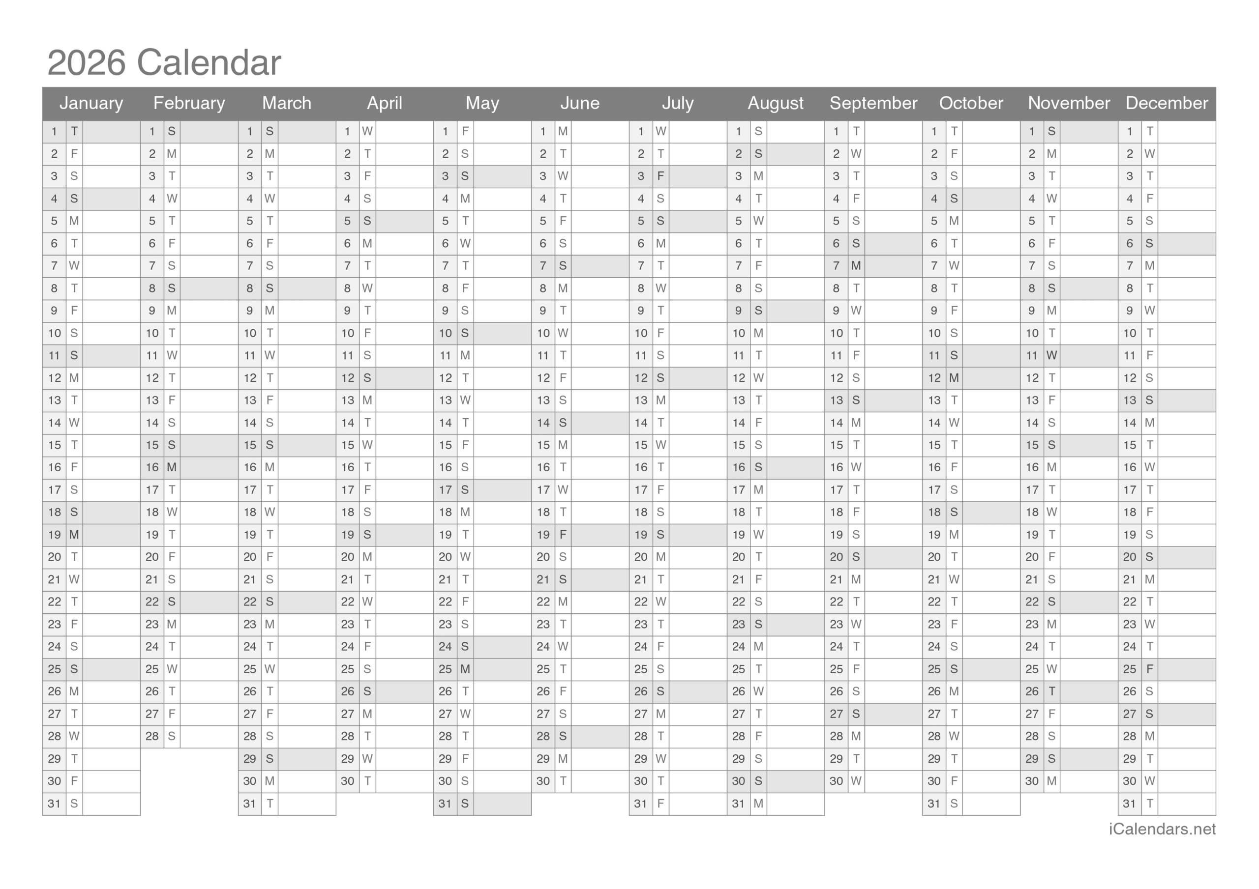 Free Yearly Printable Calendar 2026